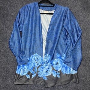 Haband! Jacket Womens 14P Blue Floral Collarless Lined Open Short Knit Polyester